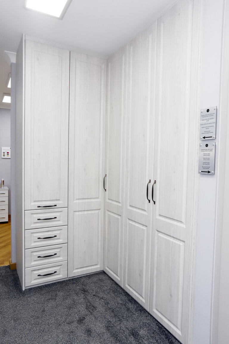 Bespoke corner hinged wardrobe white doors